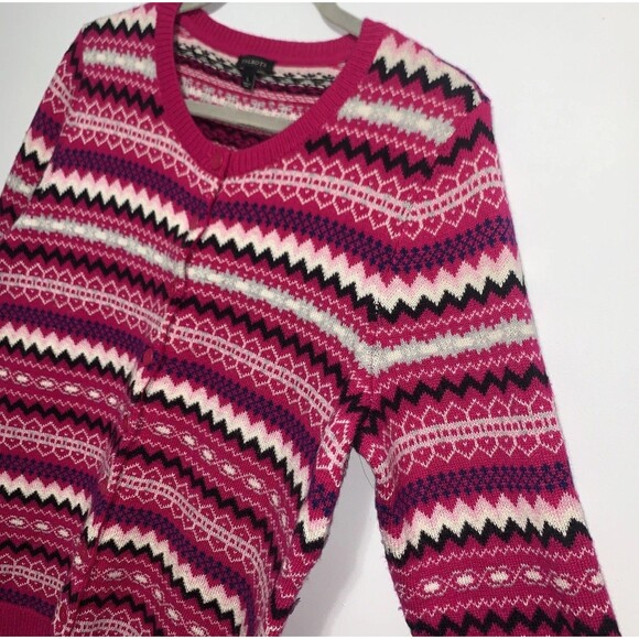 Talbots Fair Isle Lambswool Blend Cardigan Sweater Womens L Pink Wht Blk Button - Picture 3 of 7